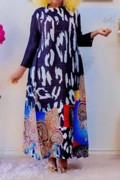 Tribal Print Stylish Pleated Maxi Dress -Prettytina C23080132 BK 4