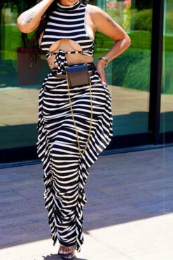 Striped Cool Lace-Up Side Ruffle Dress Suit