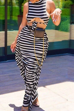 Striped Cool Lace-Up Side Ruffle Dress Suit -Prettytina C23080199 BK 3