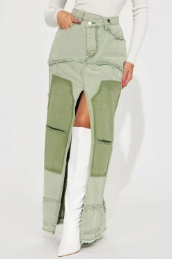 Color Block Patchwork Unique High Split Denim Skirt -Prettytina C23082822 GR 2