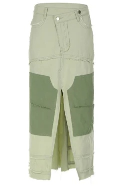 Color Block Patchwork Unique High Split Denim Skirt -Prettytina C23082822 GR 4