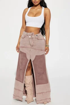 Color Block Patchwork Unique High Split Denim Skirt