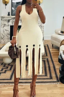 Solid Color Modern Burn-Out Tassel Midi Dress