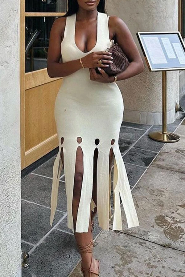 Solid Color Modern Burn-Out Tassel Midi Dress 3 Solid Color Modern Burn-Out Tassel Midi Dress - Image 3