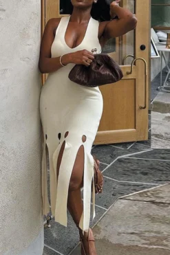 Solid Color Modern Burn-Out Tassel Midi Dress 7 Solid Color Modern Burn-Out Tassel Midi Dress -Prettytina C23082836 WH 4