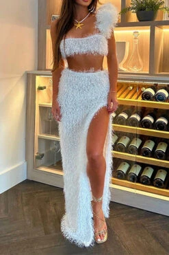 Solid Color Fluffy One Shoulder High Split Dress Suit 10 Solid Color Fluffy One Shoulder High Split Dress Suit -Prettytina C23082878 WH 1