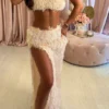 Solid Color Fluffy One Shoulder High Split Dress Suit