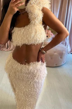 Solid Color Fluffy One Shoulder High Split Dress Suit 8 Solid Color Fluffy One Shoulder High Split Dress Suit -Prettytina C23082878 YE 3