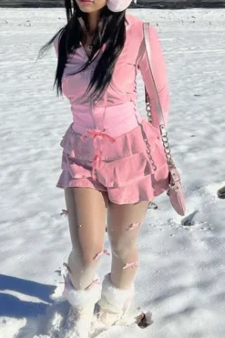 Solid Color Hooded Girly Tiered Dress Suit -Prettytina C23082893 PI 3