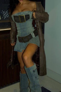 Solid Color Urban Pleated Denim Mini Dress With Belt -Prettytina CP2302132 BL 4 f3549e9e 55be 46f0 8f4b d628d8fbeda5