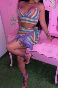 Striped Colorful Tassel Dress Suit