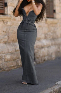 Blue Cool High Split Bandeau Denim Maxi Dress 13 Blue Cool High Split Bandeau Denim Maxi Dress -Prettytina CP2304266 BK 2