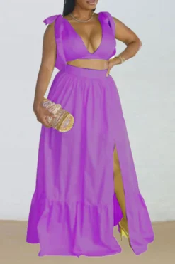 Solid Color Pretty Bowknot High Split Dress Suit -Prettytina CP2306141 PU 1