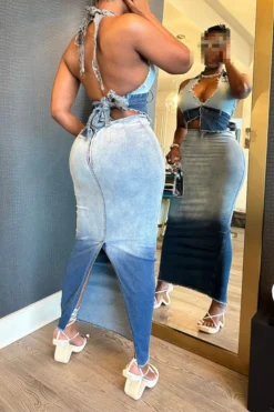 Gradient Boyish Backless Denim Dress Suit -Prettytina CP2308163 BL 3