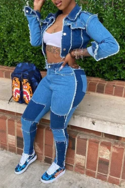 Color Block Tassels Chic Midriff-Baring Pants Suit