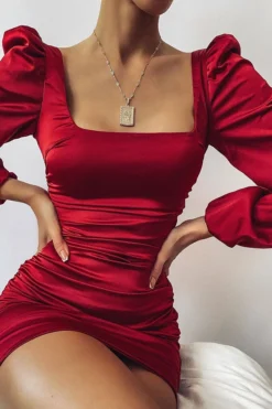 Solid Color Elegant Shirring Mini Dress