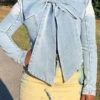 Solid Color Pussy Bow Sweet Denim Blouse