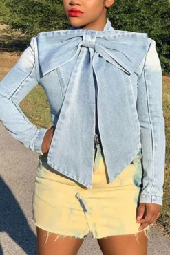 Solid Color Pussy Bow Sweet Denim Blouse