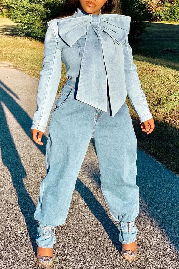 Solid Color Pussy Bow Sweet Denim Blouse 2 Solid Color Pussy Bow Sweet Denim Blouse - Image 2