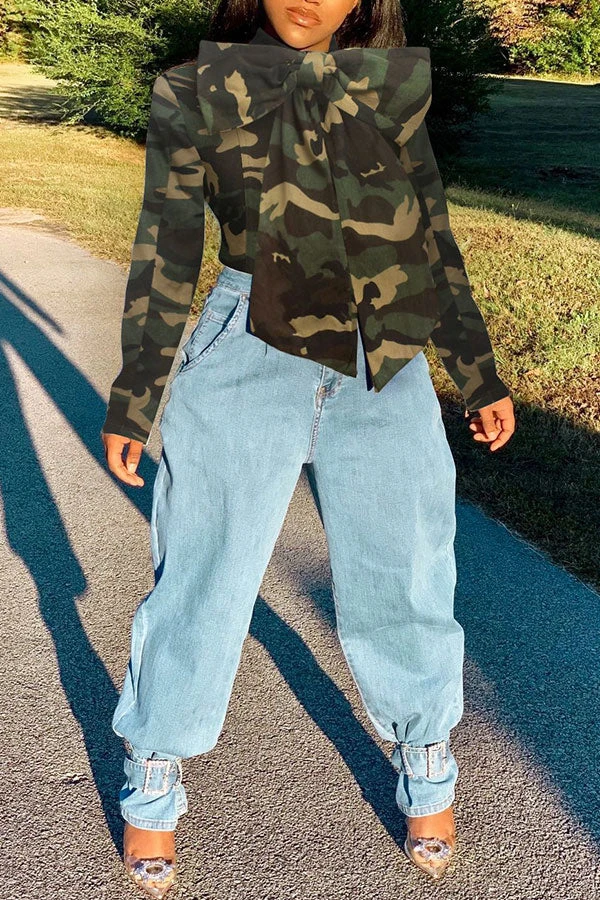 Solid Color Pussy Bow Sweet Denim Blouse 4 Solid Color Pussy Bow Sweet Denim Blouse - Image 4