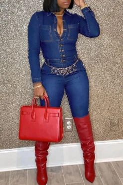 Blue Classic Denim Single Breasted Jumpsuit