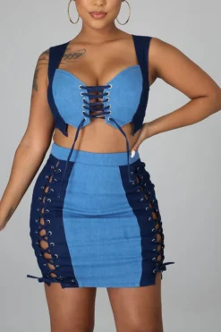 Color Block Girly Keyhole Lace-Up Dress Suit