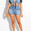 Blue Lapel Urban Knotted Denim Shorts Suit