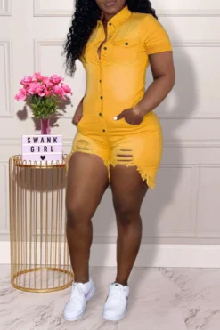 Solid Color Lapel Stylish Ripped Button Down Denim Romper -Prettytina H21041531 6 18aea509 d694 4e8d 8994 7e51ca52ae7f