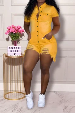 Solid Color Lapel Stylish Ripped Button Down Denim Romper -Prettytina H21041531 7 1ec386c7 c6c6 45cf b1f3 061d30a9e592