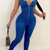 Solid Color Chic Zip Through Suspenders Jumpsuit