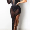 Mesh Patchwork Rhinestones Glamorous Slash Neck Maxi Dress