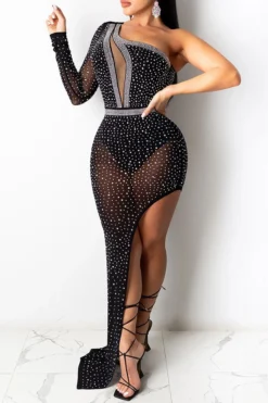 Mesh Patchwork Rhinestones Glamorous Slash Neck Maxi Dress