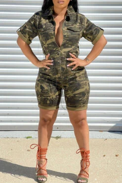 Camouflage Lapel Zipper Feminine Drawstring Romper