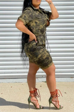 Camouflage Lapel Zipper Feminine Drawstring Romper -Prettytina H21042630 3 2c0e0938 8d24 4263 b437 00681c402918