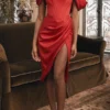 Solid Color Off Shoulder Feminine High Split Midi Dress