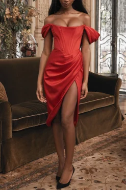 Solid Color Off Shoulder Feminine High Split Midi Dress