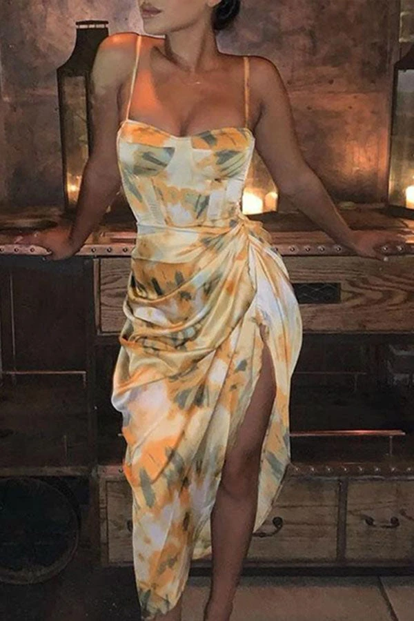 Abstract Print Ruffle Glamorous Splited Midi Dress 2 Abstract Print Ruffle Glamorous Splited Midi Dress - Image 2