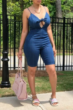 Solid Color Bowknot Elegant Denim Romper