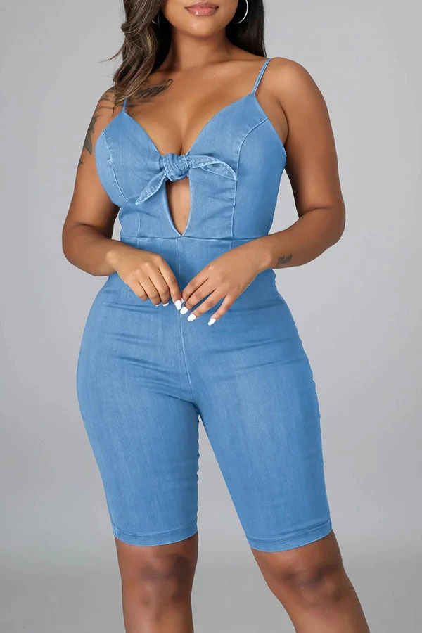 Solid Color Bowknot Elegant Denim Romper 5 Solid Color Bowknot Elegant Denim Romper - Image 5