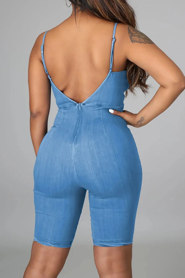 Solid Color Bowknot Elegant Denim Romper 6 Solid Color Bowknot Elegant Denim Romper - Image 6