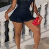 Black Feminine Ruffles Denim Romper