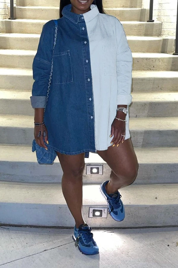 Color Block Lapel Boyish High Low Denim Midi Dress 1 Color Block Lapel Boyish High Low Denim Midi Dress