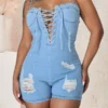 Light Blue On-trend Lace-Up Ripped Denim Romper