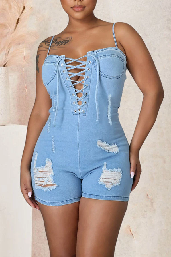 Light Blue On-trend Lace-Up Ripped Denim Romper 1 Light Blue On-trend Lace-Up Ripped Denim Romper