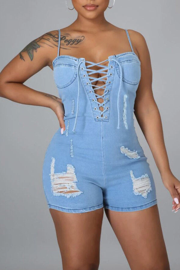 Light Blue On-trend Lace-Up Ripped Denim Romper 2 Light Blue On-trend Lace-Up Ripped Denim Romper - Image 2