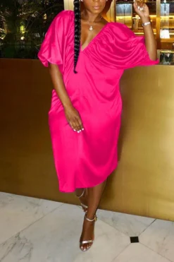 Solid Color Deep V Neck On-trend Midi Dress -Prettytina H21062803 2 241074f1 14e8 4b62 8d24 31d9ccf119f9