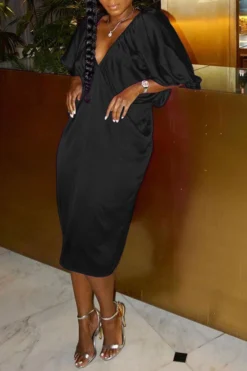 Solid Color Deep V Neck On-trend Midi Dress -Prettytina H21062803 4 dd8c75cd 5ef6 43d8 81bf 9904d8173e69