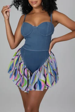 Patchwork Feminine Pleated Romper