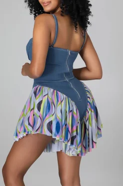 Patchwork Feminine Pleated Romper -Prettytina H21070642 BL 3