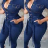 Navy Blue Casual Button Down Denim Jumpsuit With Belt